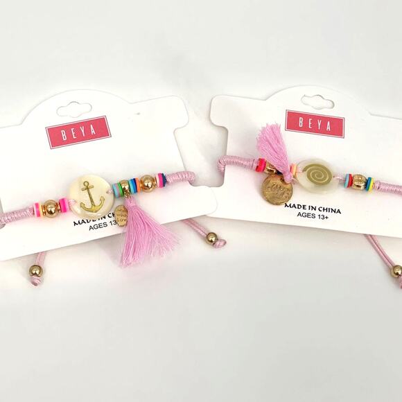 Beya Pink Woven Charm Tassel Bracelets 2 Bracelets NEW - Picture 1 of 5